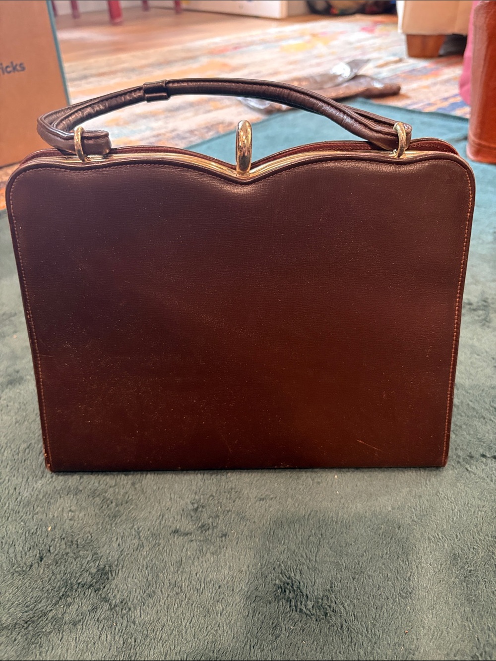 Vintage 1960s Brown Structured Leather Handbag – Gold Frame Top Handle Purse